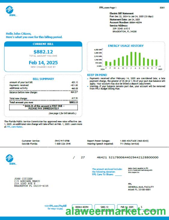 USA FPL utility bill template in Word and PDF formats, version 5